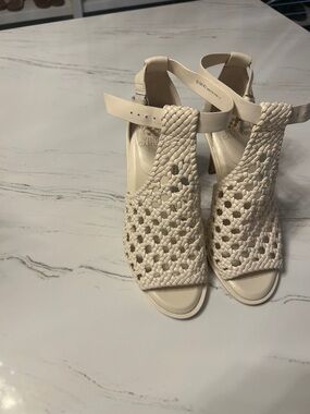Vince Camuto Cream Woven Leather Heeled Sandal with Ankle Strap